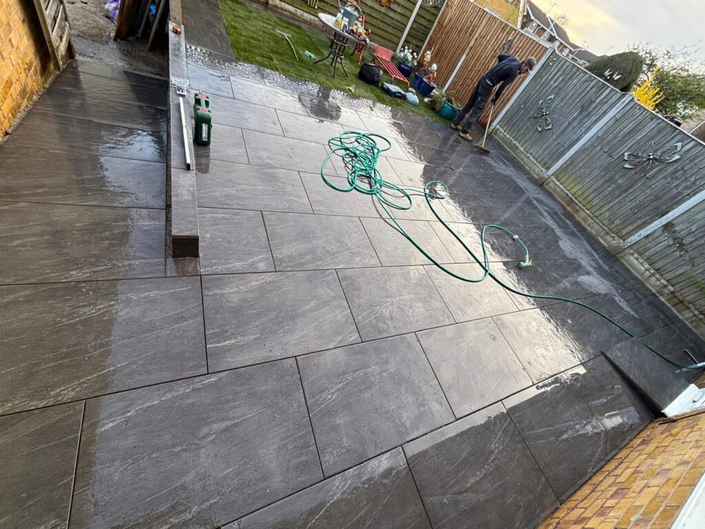 Imprinted concrete patio with modern charcoal finish – decorative surfacing Essex