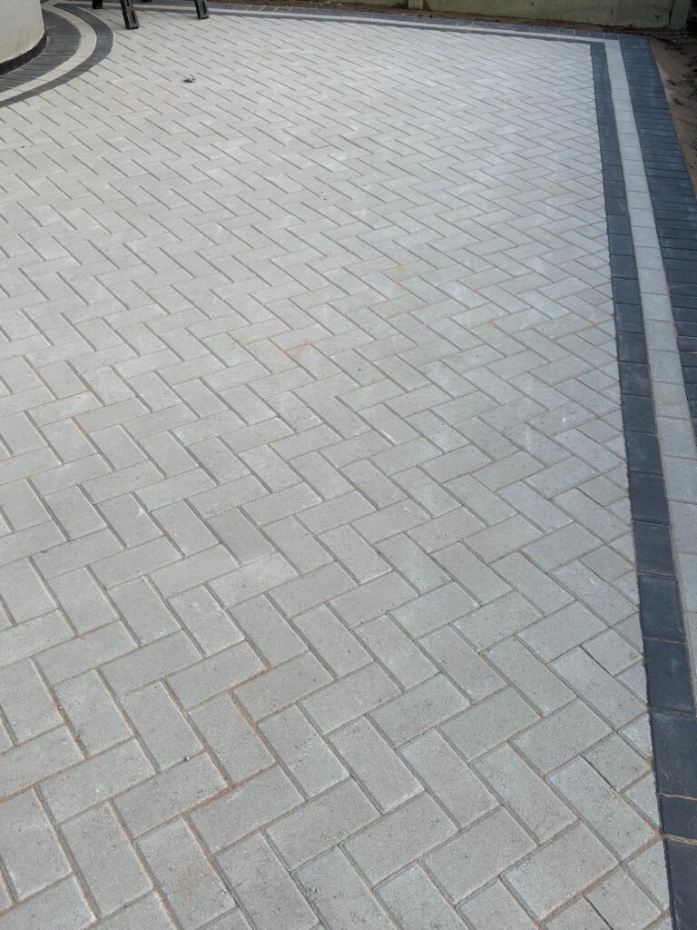 Close-up of block paving pattern on new driveway – Essex hardscaping services